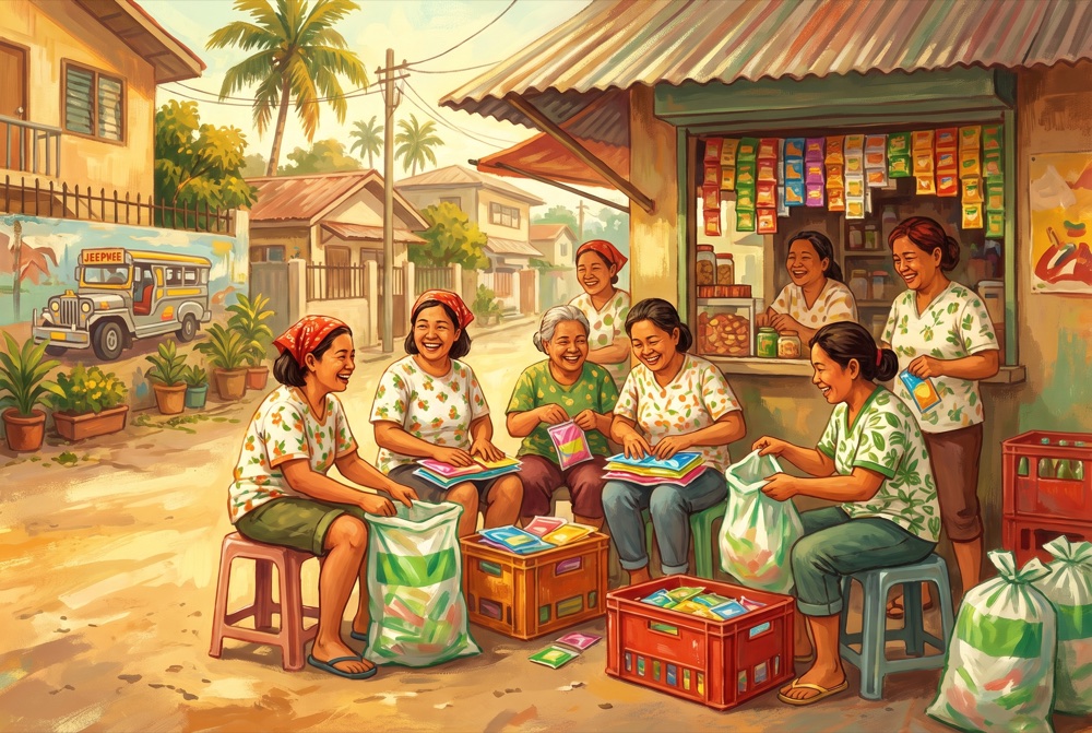 Neighbors collecting and flattening single-use sachets at a barangay point