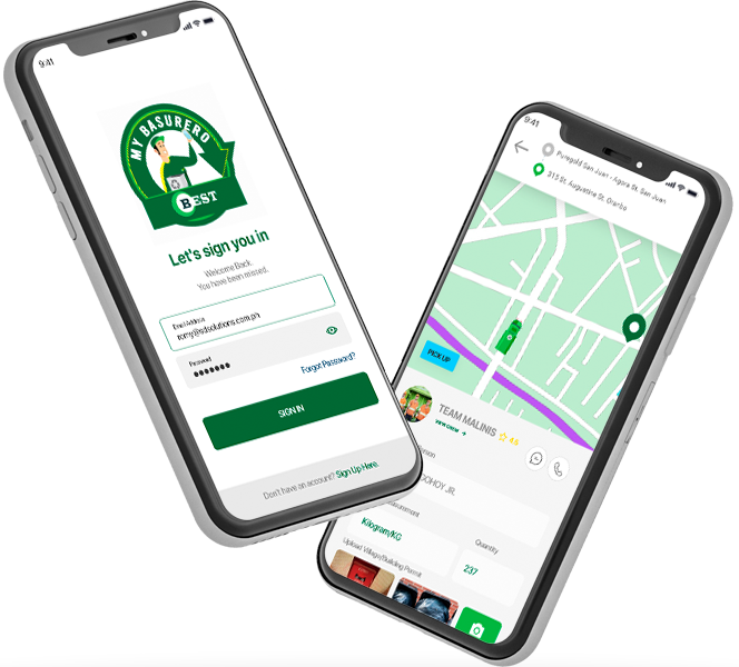 The My Basurero app — sign-in screen and a pickup map