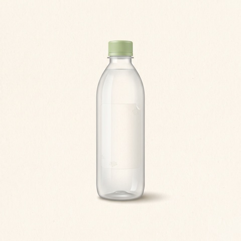 Clear PET bottle, cap on, label removed